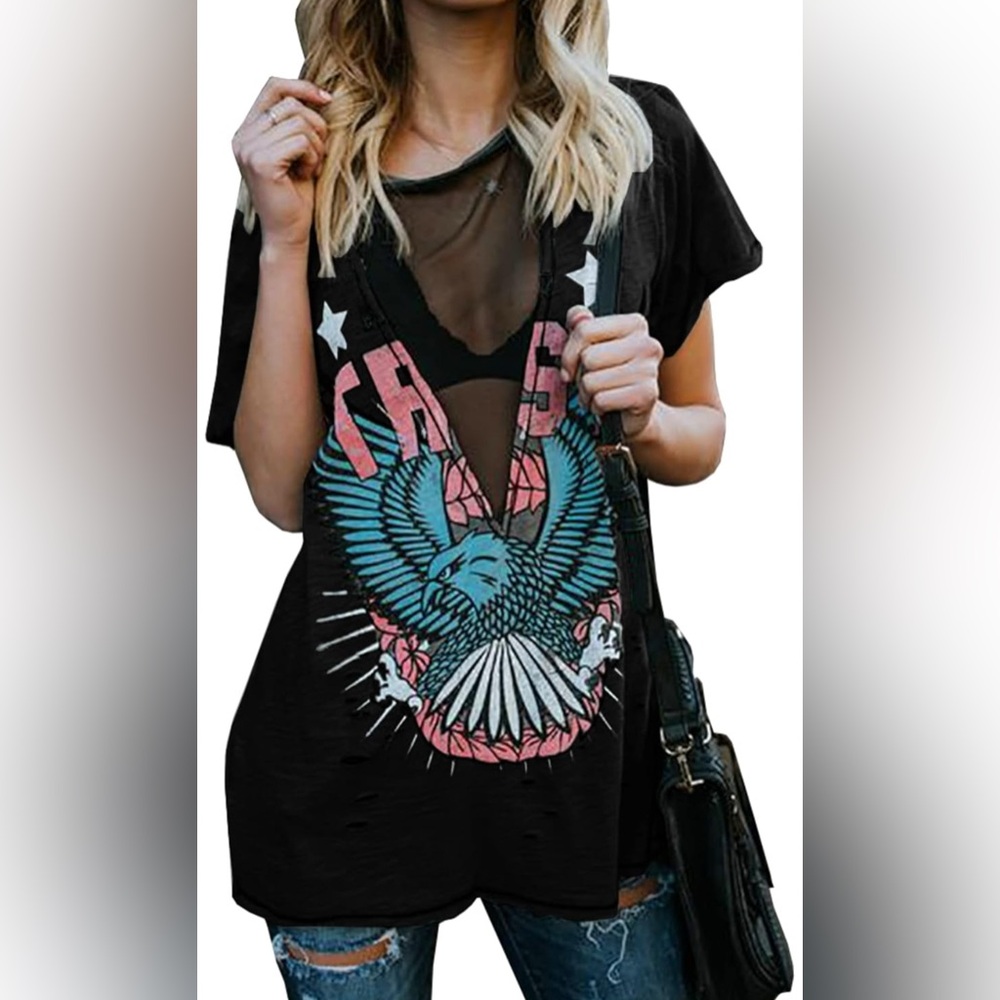 Black Graphic Short Sleeve Tee with Cut Out